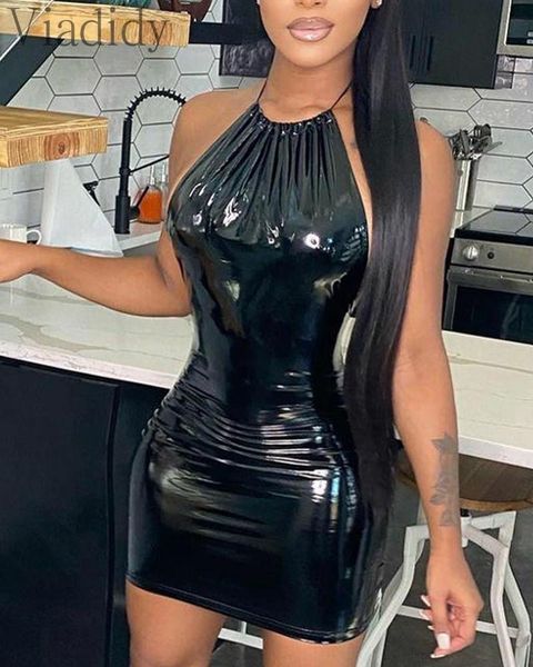 

dresses women solid color halter backless pu bodycon dress, Black;gray