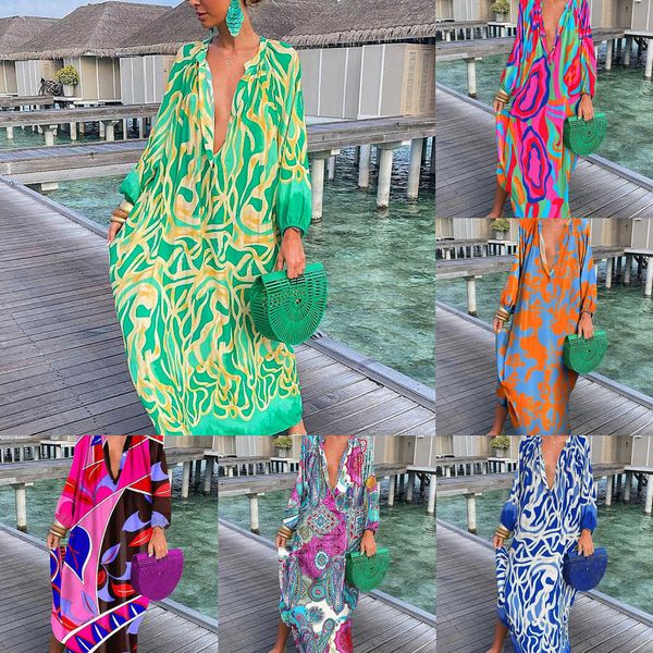 

casual dresses for woman 2023 summer fashion vintage loose maxi dress deep v-neck long sleeve boho print long beach skirt, Black;gray