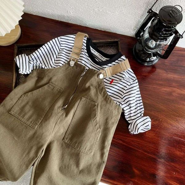 

spring new children's strap pants loose boys' clothing denim jumpsuit military green solid color retro american style fashion outd, Blue