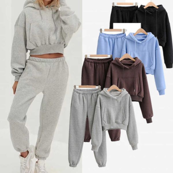 

women causal custom two pieces clothing oversize crop hoodies and jogger sets for ladies, Black