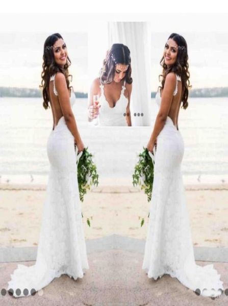 

lace wedding dress country style count train deep v neck backless wedding dresses handmade mermaid bridal gowns simple wear7518043, White