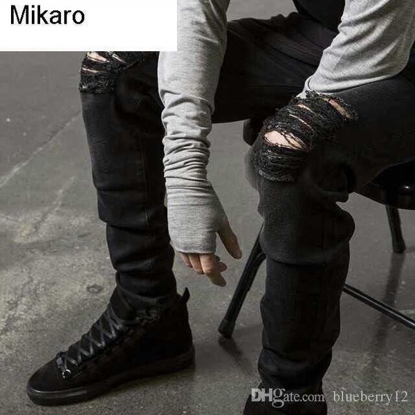 

mikaro mens straight slim fit biker jean pants distressed skinny ripped destroyed denim jeans washed hiphop trousers black fashion, Blue