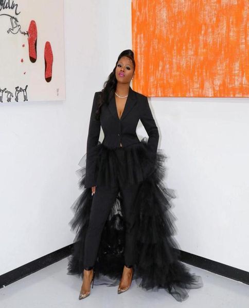 

2 pieces women black pants suit evening dresses with tiered train 2022 deep v neck long sleeves evening formal occasion gowns prom9918728, Black;red