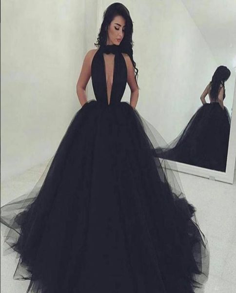 

vneck puffy tulle prom dresses halter backless graduation dresses prom gowns pageant gowns women cocktail evening party dres1266151, Black