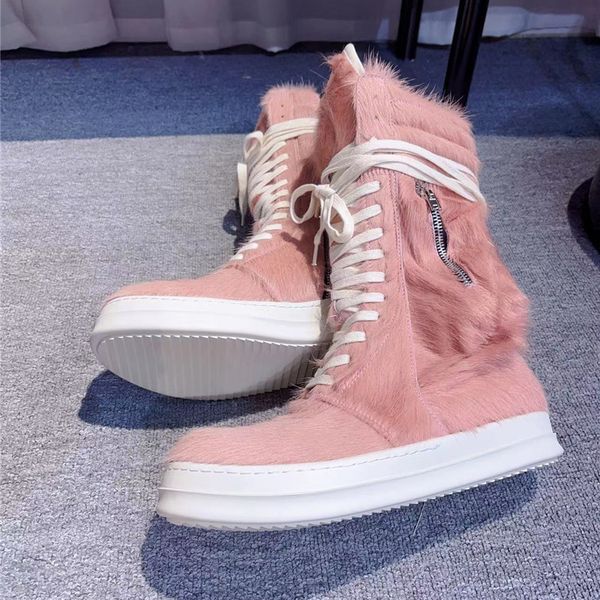 

women high-motorcycle boots horse hair leather men luxury mid-calf lace up casual botas zip flats pink shoes p25d50, Black