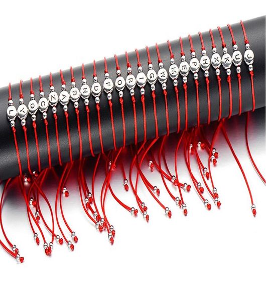 

20pcslot lucky handmade red thread string rope as letter beads bracelet for women men silver color initials name bracelets coupl7458715, Golden;silver