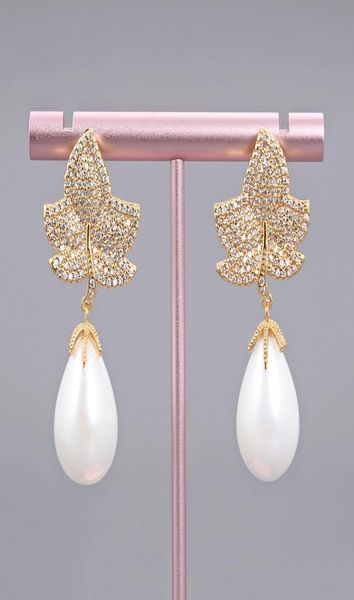

guaiguai jewelry white sea shell pearl gold color plated cz micro pave drop earrings for women real gems stone lady fashion jewell1536147, Silver