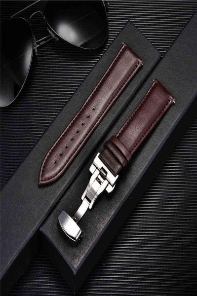 

smooth genuine calfskin leather watchband 18mm 20mm 22mm 24mm straps with solid automatic butterfly buckle business watch band h111984646, Black;brown