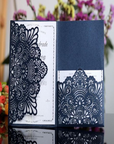 

laser cut hollow flower navy blue wedding invitations cards with crystal personalized champagne bridal invitation car8453593, Black