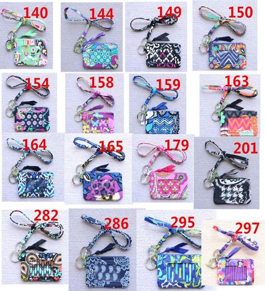 

cotton flower card holder small wallet coin purse zip id case with lanyard2481479, Brown;gray