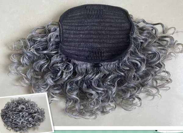 

silver grey human hair pony tail hairpiece wrap around dye natural hightlight salt and pepper short long loose wave gray pony5771601, Black