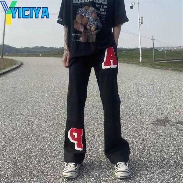 

yiciya high street letter embroidery wide leg casual men's cargo pants retro black baggy hip hop trousers