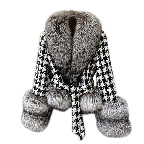 

fur winter women real fox fur coat ladies houndstooth short sier fox fur collar woolen jacket fashion streetwear thick outerwwear, Black
