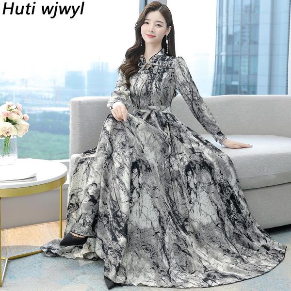 

dresses women floral chiffon maxi evening dress 2023 boho casual beach party vestidos autumn winter korean vintage elegant bodycon robes, Black;gray