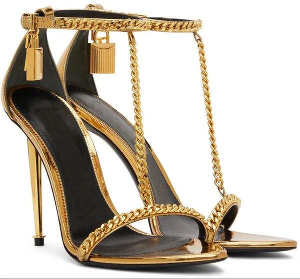 

summer prefect ford gold chain link sandals shoes padlock pointy naked women luxury designer lady high-heeled party wedding gladiator sandal, Black