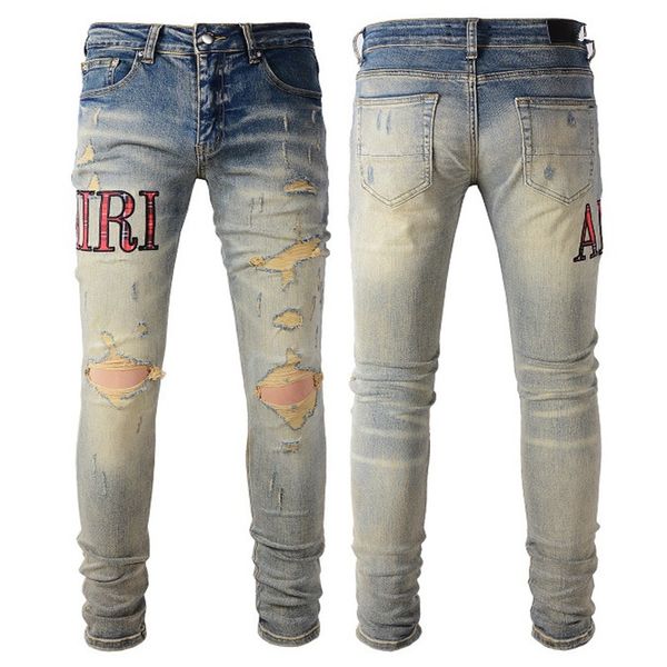 

2023 new men's designer jeans fashion skinny straight slim ripped jeans stretch casual trousers, Blue
