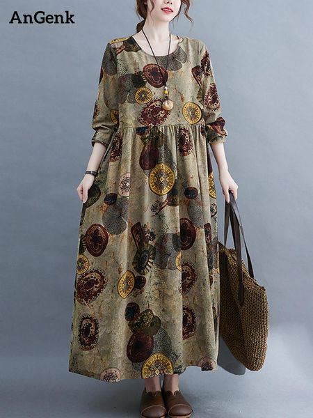 

dresses long sleeve cotton vintage print spring autumn dresses women casual loose holiday elegant ladies dress robe femme clothes 2023, Black;gray