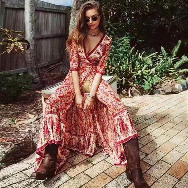 

dresses ayualin midi wrap dresses for women orange rayon floral print vneck autumn dress beach women dress long boho dresses robe, Black;gray