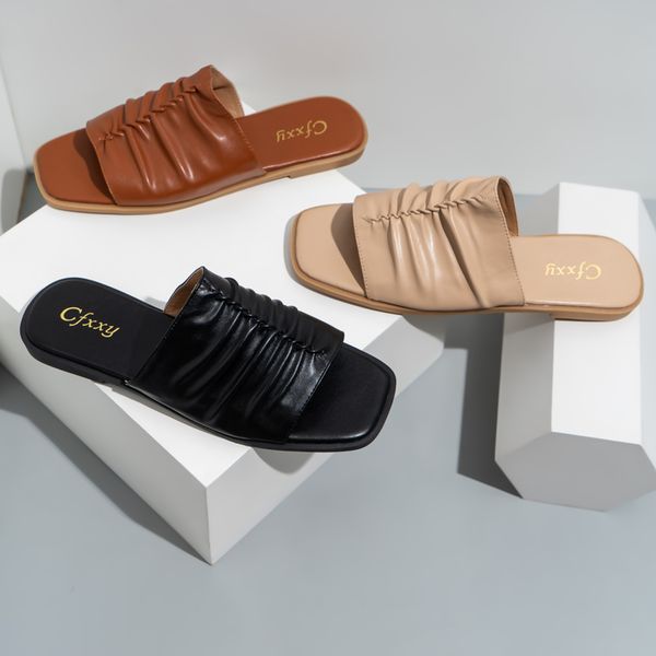 

pleated british fashion slippers simple solid color summer casual flat bottom womens sandals2023, Black