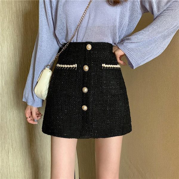 

dresses vintage elegant tweed mini skirts women high waist pencil skirt zipper autumn aline warp skirts black white plaid pearls x491, White;black