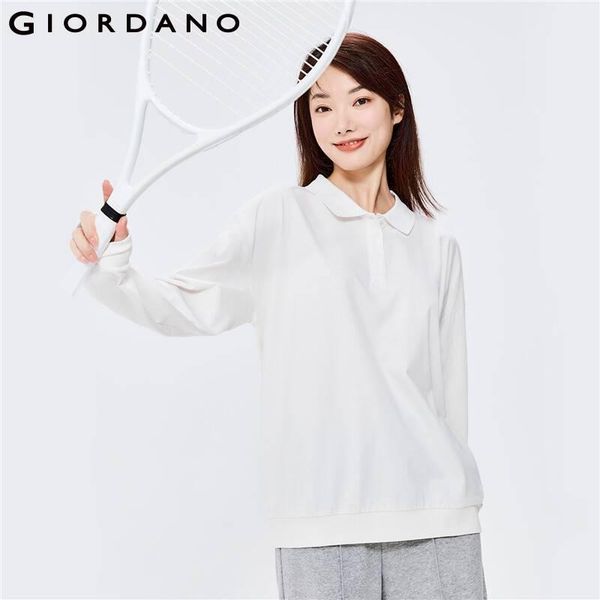 

polos giordano women polo drop shoulder loose long sleeve polo shirt plain color comfy polo shirts 05312781, White