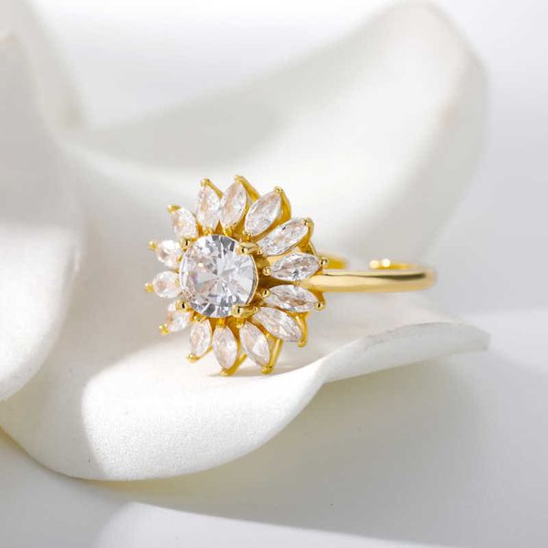 

solitaire ring flower ring for women zircon stainless steel ring vintage lotus white crystal rings wedding engagement jewelry gift bijoux fe, Golden;silver