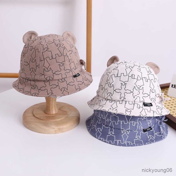 

hair accessories baby bucket hat for new spring boys girls sunshade cute bear print outdoor summer kids fishing cap, Slivery;white
