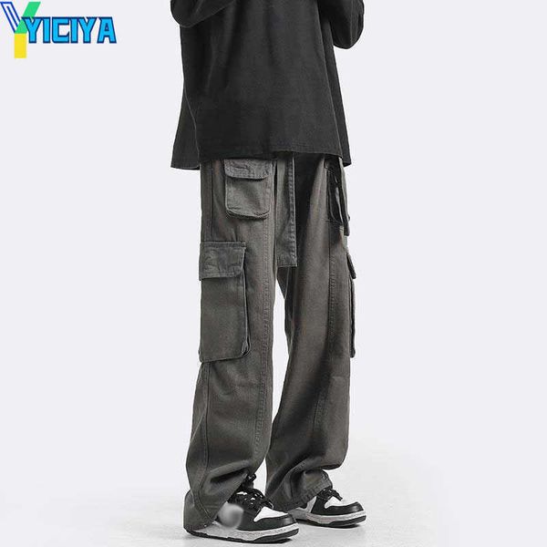 

yiciya godlikeu mens japanese cargo pants male straight spring streetwear green casual loose trousers, Black