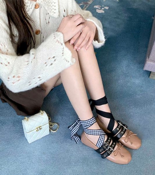 

miu shoes miui miu ballet shoes women bow ankle cross wrap strap beanie shoe versatile dance ladies casual banquet holiday female crystal di