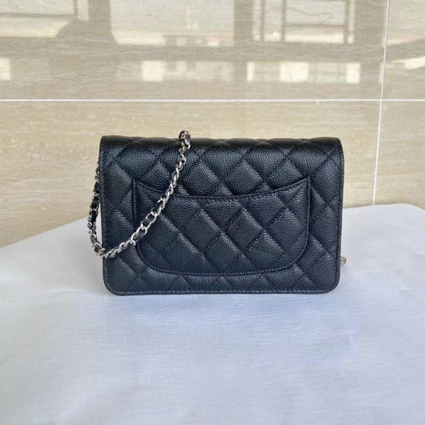 

Classic Designer Genuine Leather Women's Chain Diagonal Straddle Bag With Diamond Plaid Deluxe High Quality Handbags WOC Factory Wholesale Wallet on Chain, Black silver