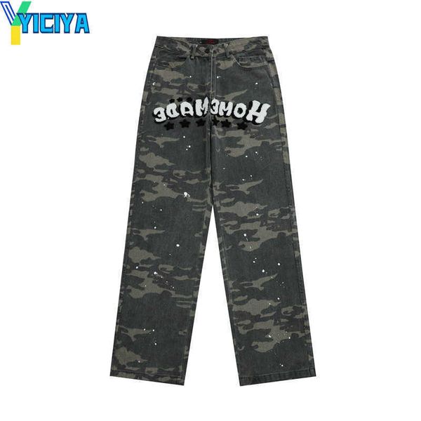 

yiciya letter embroidery painted camouflage denim cargo pants men and women straight baggy pockets jeans trousers, Black