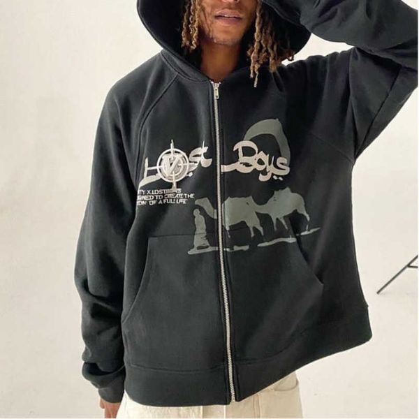 

sweatshirt long sleeve zip up hoodie men streetwear women grunge clothes harajuku loose anime print gothic fashion y2k clothes1qu7, Black