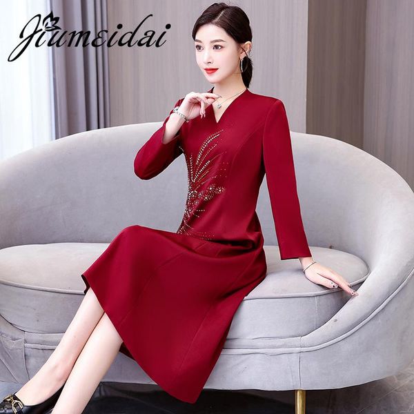 

dresses jiumeidai 2023 women spring elegant aline vneck dress office lady diamonds robe femme vintage designer clothing, Black;gray
