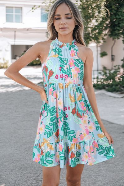 

floral dress ruffled lace-up mock neck mini dress summer dress women, White