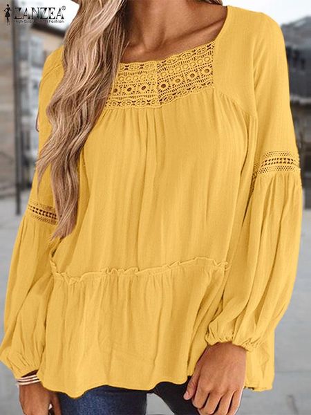 

t-shirt zanzea women hollow out blusas vintage splicing lace puff sleeve blouse casual ruffle pleated shirt summer square collar, White