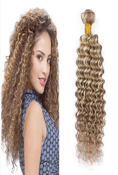 

highlight deep wave 8 613 piano color brazilian virgin human hair wefts 3 bundles deep wave curly brown blonde mix ombre hair exte5634434, Black;brown