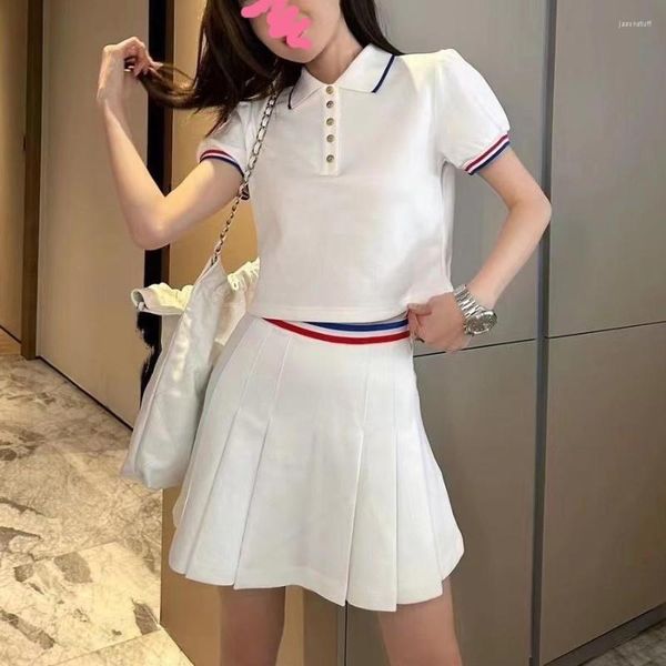 

two piece dress summer women sets short sleeve 2 pieces polo shirt skirt high waist ce cloth party wear cotton blouse qulaity, White
