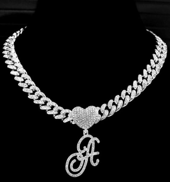 

chains hip hop bling az cursive heart letters pendant necklace iced out crystal initials cuban chain necklaces women jewel6232391, Silver