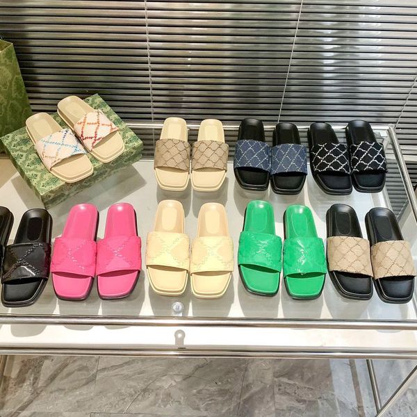 

2023 designer womens slippers square toe flat sandals summer leather slides woman mules seaside embroidery knitted flip-flops pantoufles san, Black