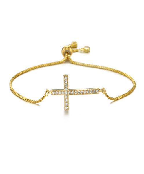 

classic cubic zirconia cross charm bracelets for women adjustable copper chain bracelet bangle jewelry2538564, Golden;silver