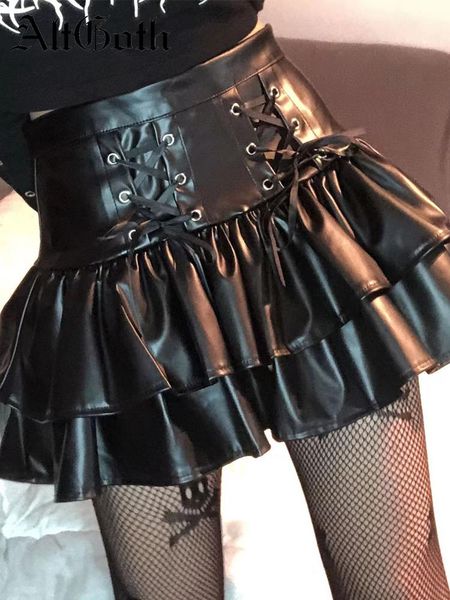 

dresses altgoth haruku dark goth pu skirt women streetwear vintage bandage high waist mini skirt y2k mall gothc aesthetic emo clubwear, Black;gray