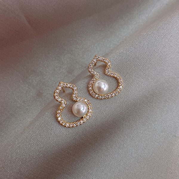 

2023 cute design zircon gourd shape pearl stud earrings for women girls korean fashion gold color unusual earrings party jewelry, Golden;silver