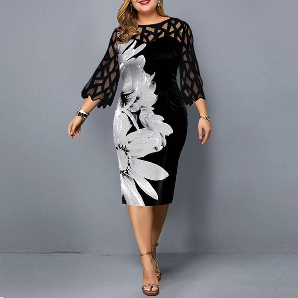 

dresses women's summer dress elegant floral print casual dress 2022 new mesh sleeve birthday club party dresses 3xl 4xl, Black;gray