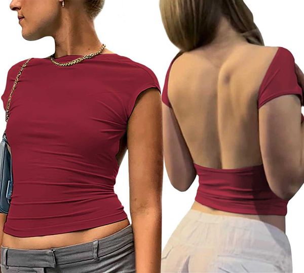 

backless women short sleeve slim fit crewneck tshirts yk crop solid casual vintage summer autumn fashion mip, White