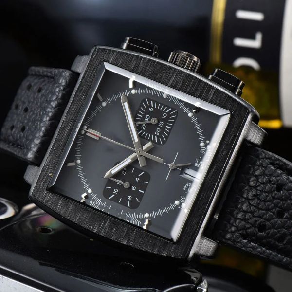 

2022 men's luxury quartz watch casual fashion business tank square multi-function calendar waterproof leather strap watches, Slivery;brown