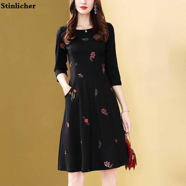 

dresses vintage black flower embroidered dress women's spring autumn elegant office ladies work dress fashion a line midi dress robe, Black;gray