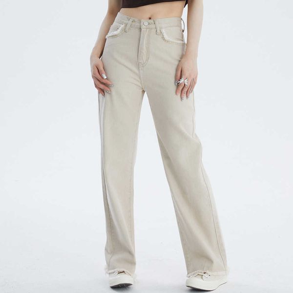 

solid color raw edge jeans for women's street trend loose fitting straight leg pants trendy casual pants, Blue