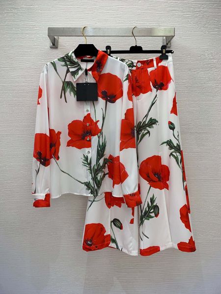 

fashionable new floral print buckle up long sleeved shirt+high waisted slim wide leg cropped pants set, White