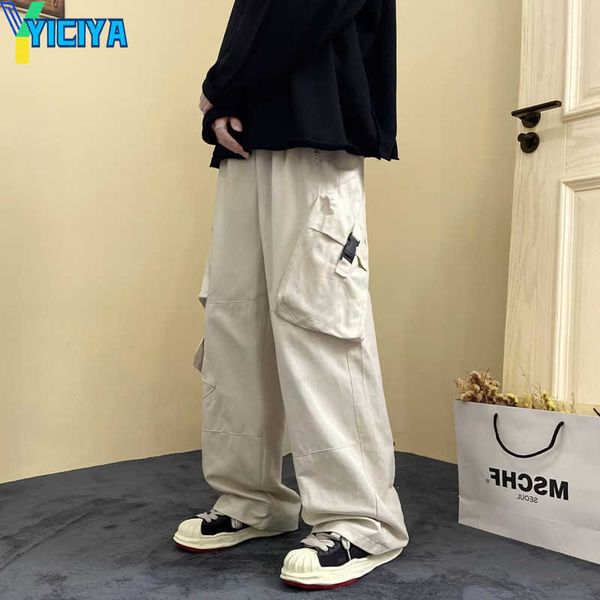 

yiciya men's pants 2022 style khaki baggy men hip hop cargo pants y2k cloes side poet straight cotton women long trousers pantalon homm, Black