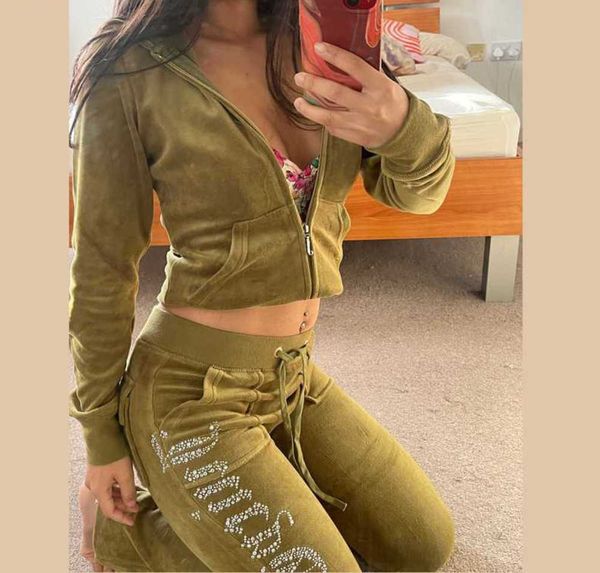 

juicy apple women's tracksuits 2023 summer brand sewing 2 piece sets velvet velour women track suit hoodies and pants met motion design, White